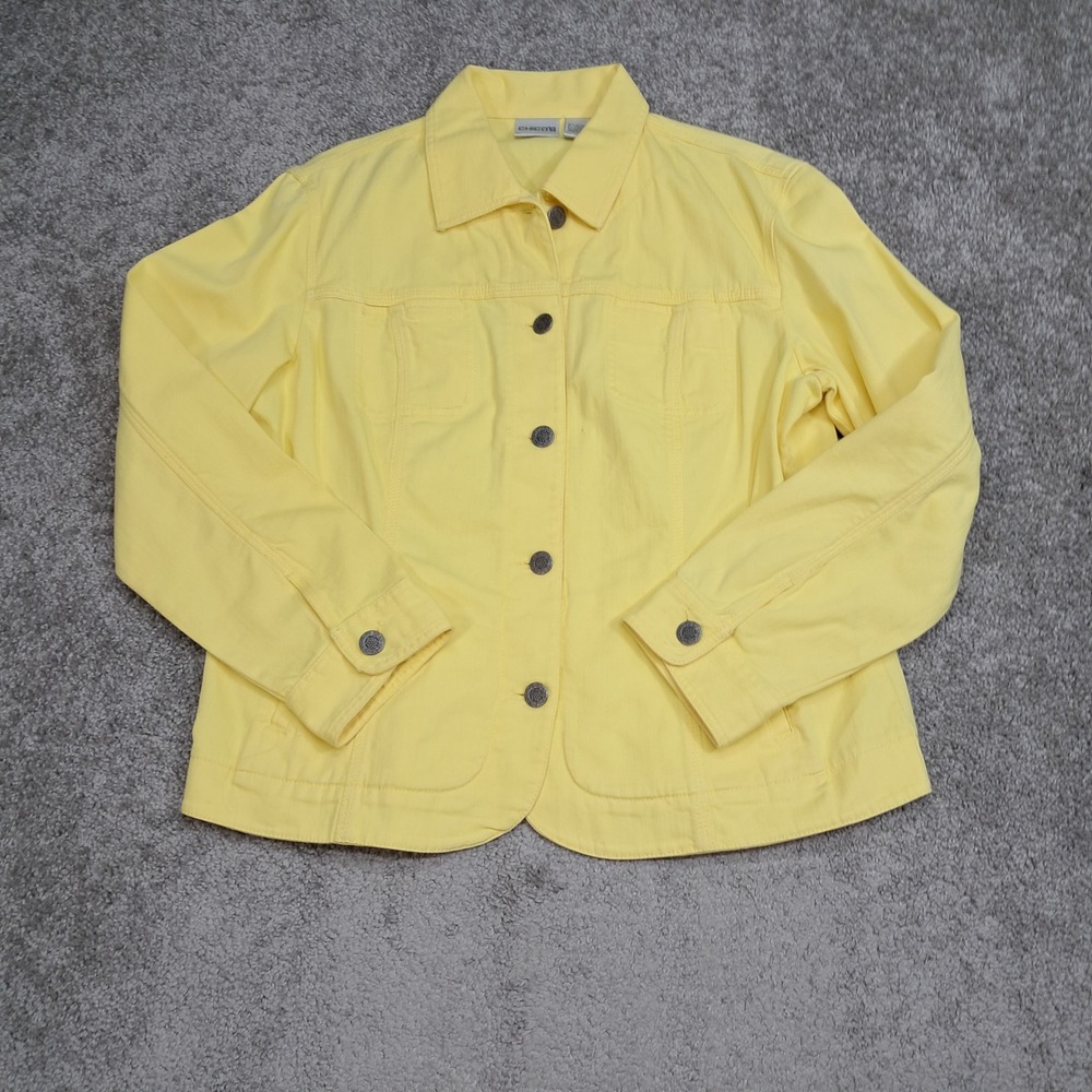 Chicos Yellow Embroidered Denim Jacket Womens Size 2 Cotton Stretch Trucker Coat